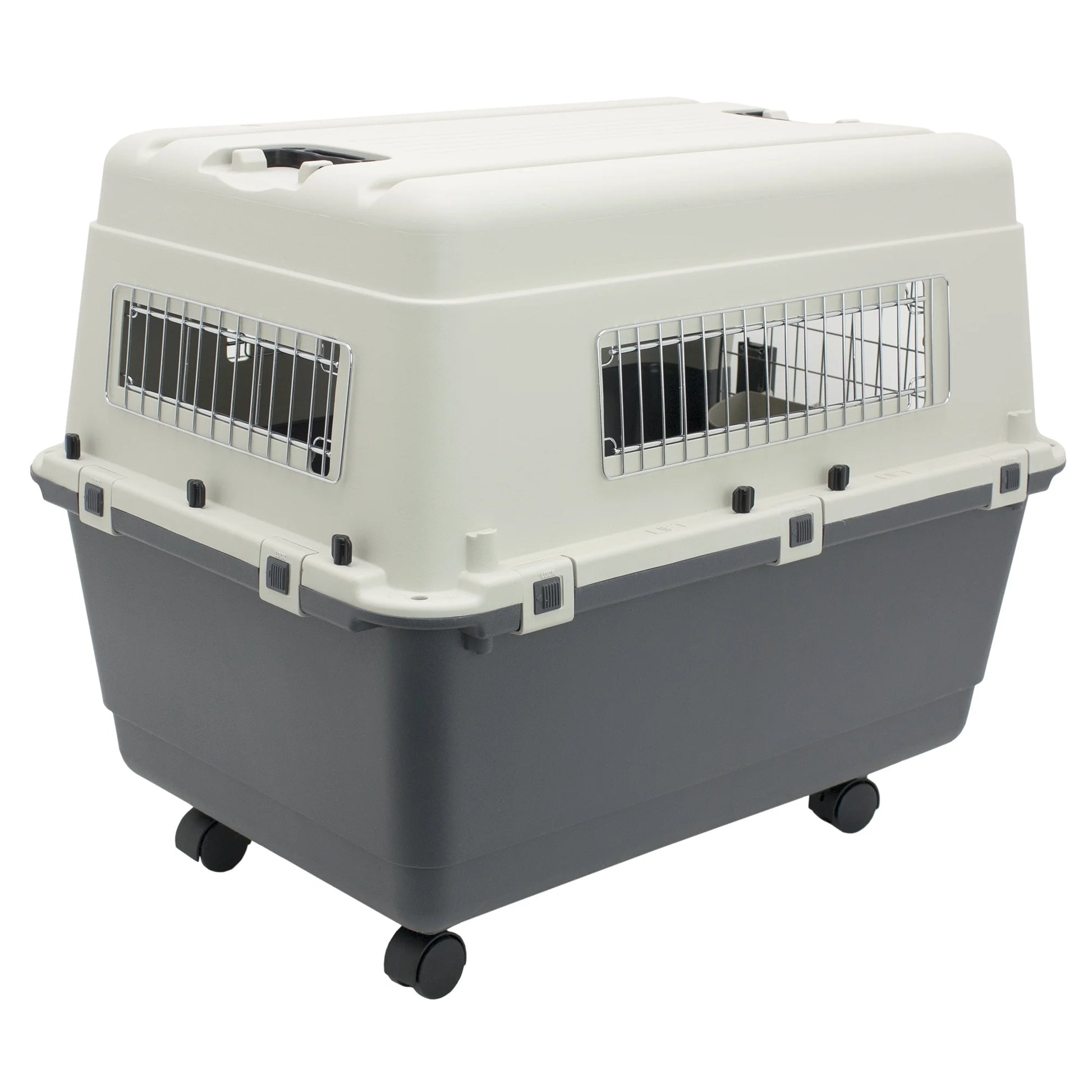 Plastic Kennels Rolling Plastic Wire Door Travel Dog Crate- Large Kennel, Gray