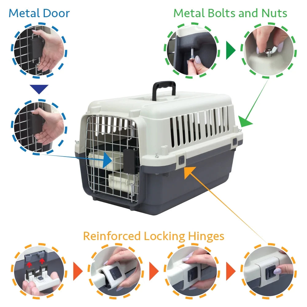 Plastic Kennels Rolling Plastic Wire Door Travel Dog Crate- Large Kennel, Gray