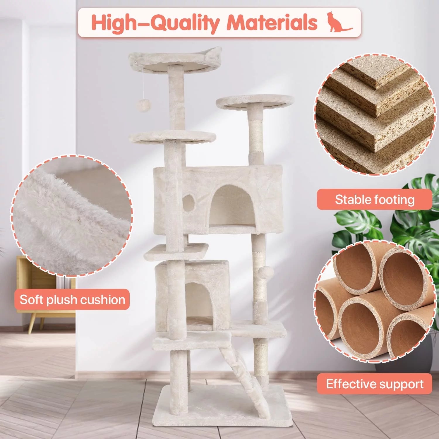 54-In Double Condo Cat Tree Tower Playhouse with Scratching Post & Perch for Indoor, Beige