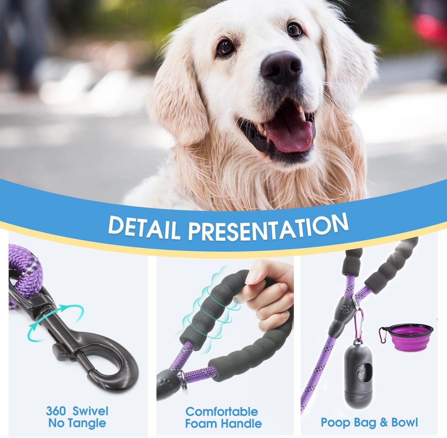 2 Packs 5/6 FT Dog Leash with Comfortable Padded Handle and Highly Reflective Threads Dog Leashes for Small Medium and Large Dogs (5FT-1/2'', Black+Purple)