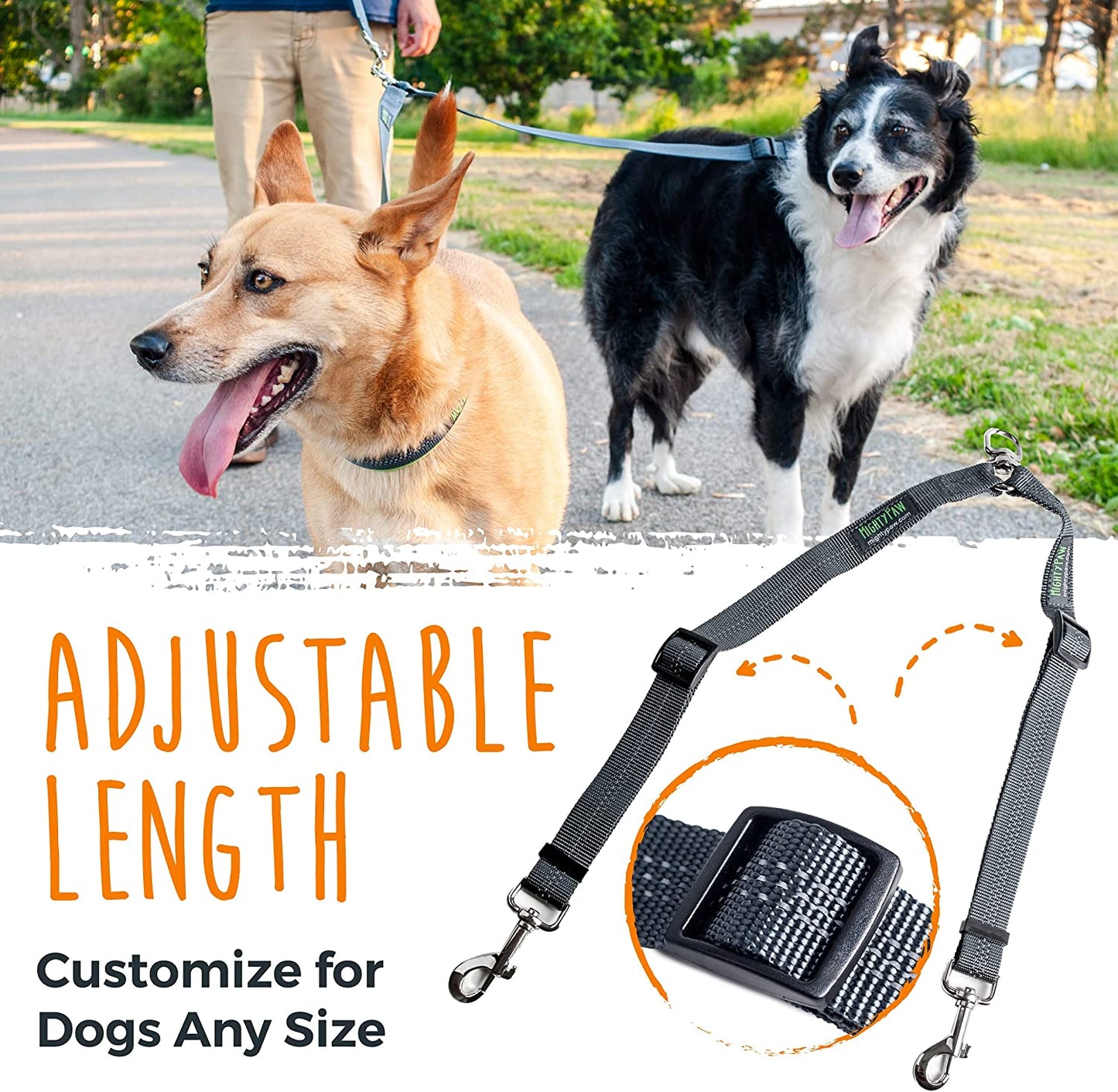 Double Dog Leash - Double Leash for Two Dogs No Tangle Design. Split Lead for 2 Pets. Adjustable to Fit All Sized Breeds. Reflective Dual Pet Lead for People with Multiple Pups