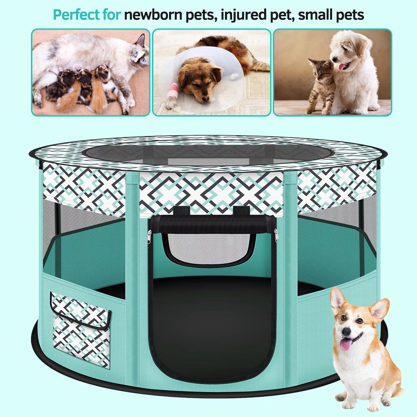 Large Dog Playpen, 44" Diameter 24" Height Pet Playpen, Heavy Duty Portable Exercise Pen Tent for Dog, Cat, Rabbit, Foldable Indoor Outdoor Travel Use, Come with Carrying Case